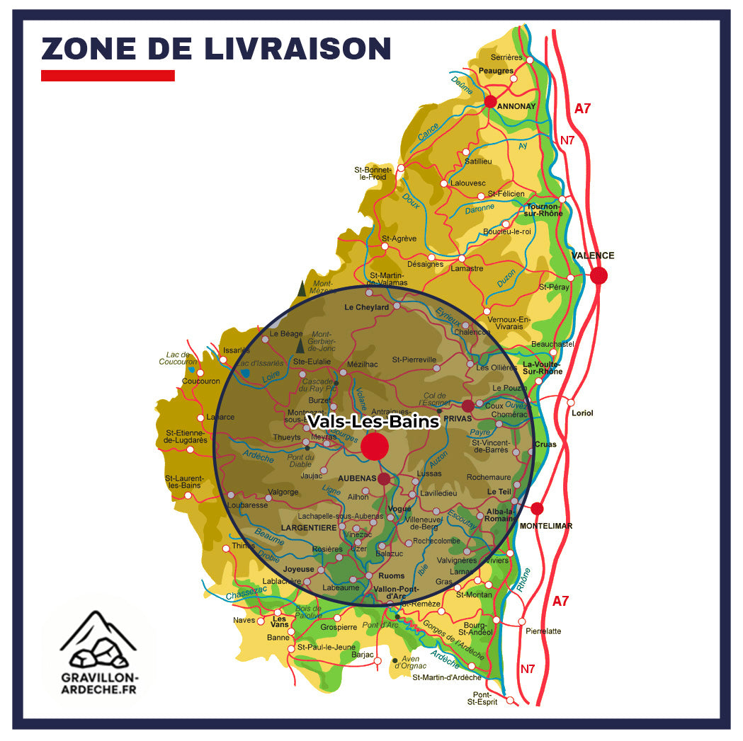 Carte, zone de livraison - Ardèche Gravillon - 45km autour de Vals les Bains