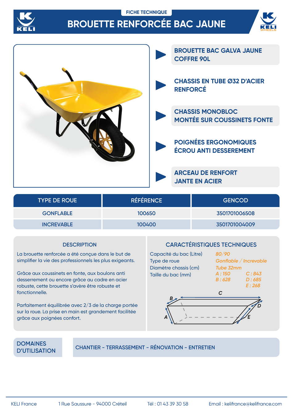 Brouette bac jaune KELI – 90 L - Gravillon-Ardèche