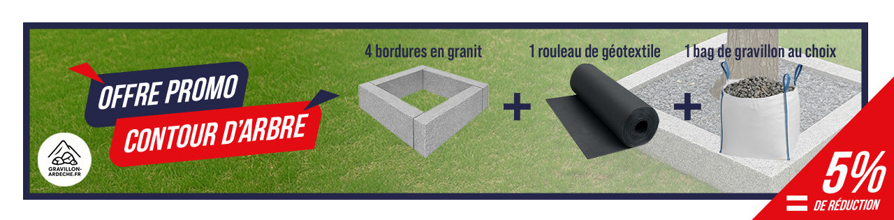 Bannière promotionnelle, Offre contour d'arbre, 4 bordures granit, 1 rouleau de géotextile, et un bag de gravillon, -5% sur votre panier